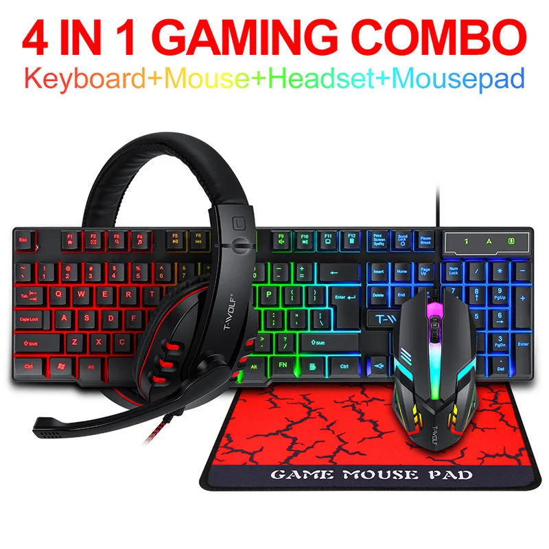 Gaming Keyboard And Mouse Set - T-WOLF Game Vier-Teile-Set TF800 Beleuchtete Maus